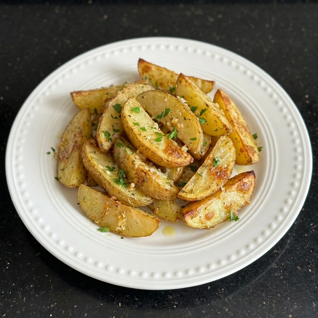 Plated Garlic Parmesan Potato Wedges with parsley