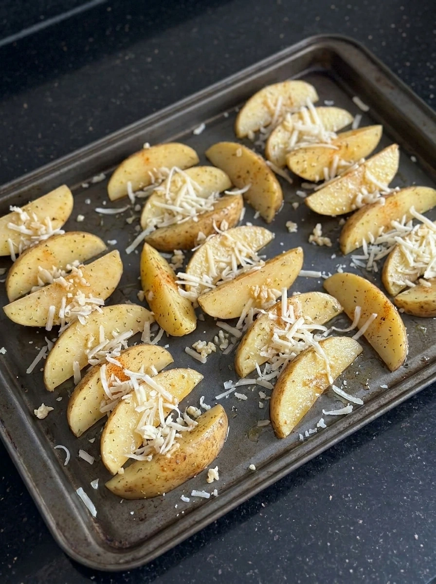 Garlic parmesan potato wedges arranged on a baking tray