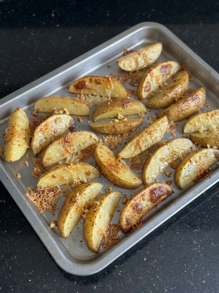 Golden crispy garlic parmesan potato wedges after baking