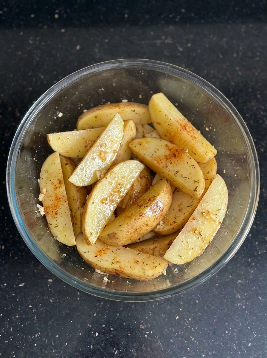 Seasoned potato wedges coated with garlic and spices