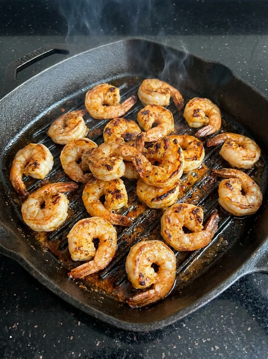 Shrimp grilling with charred edges