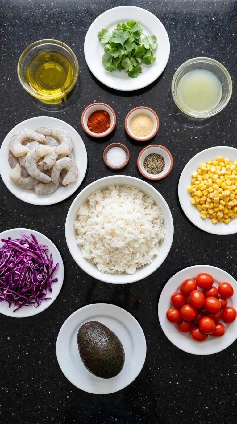 Ingredients for Grilled Shrimp Bowl in separate containers