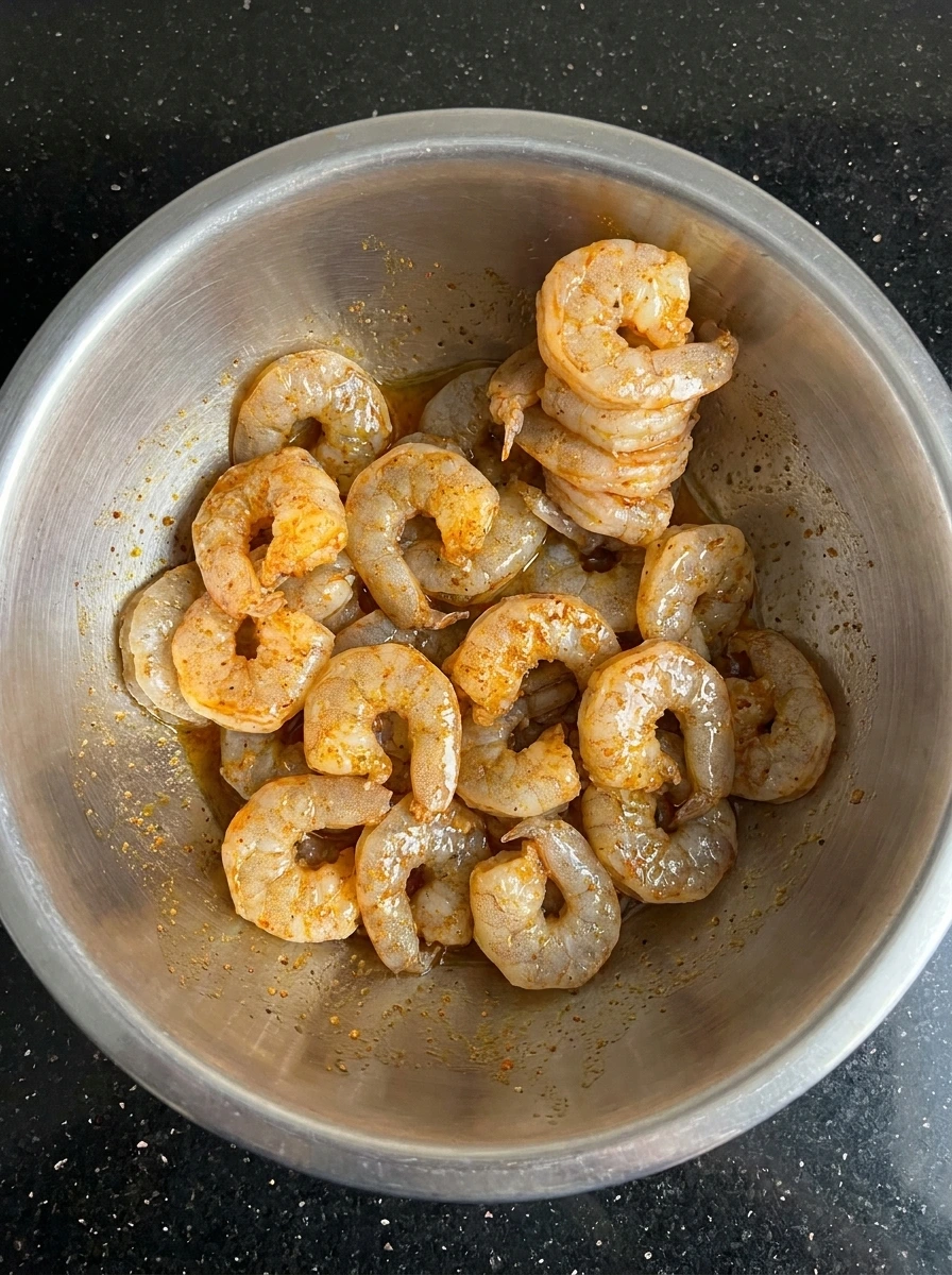 Shrimp coated with smoky seasoning in bowl