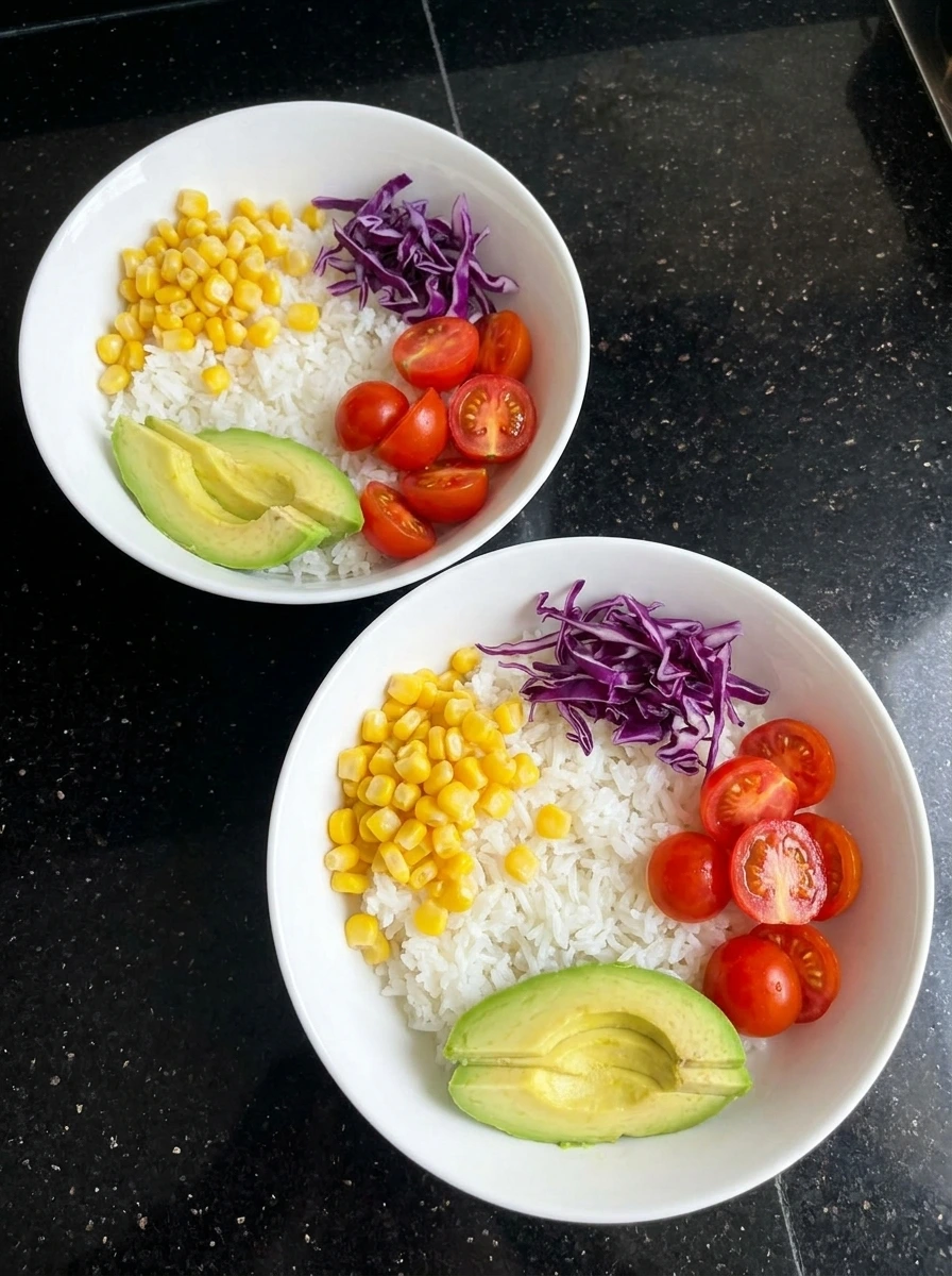 Rice bowls layered with vegetables