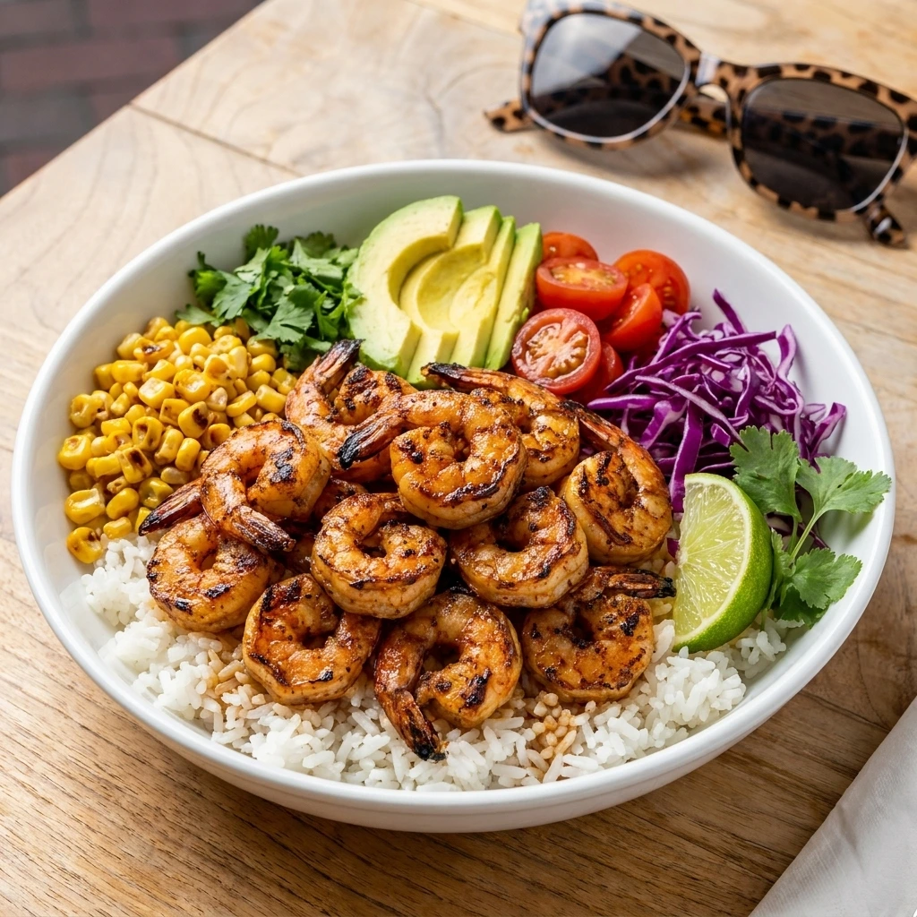 Grilled Shrimp Bowl with rice avocado corn and tomatoes