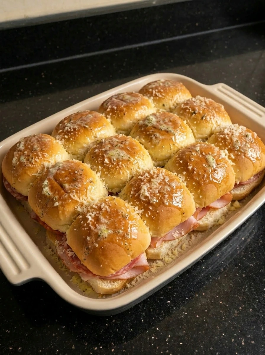 Seasoned butter brushed over slider rolls
