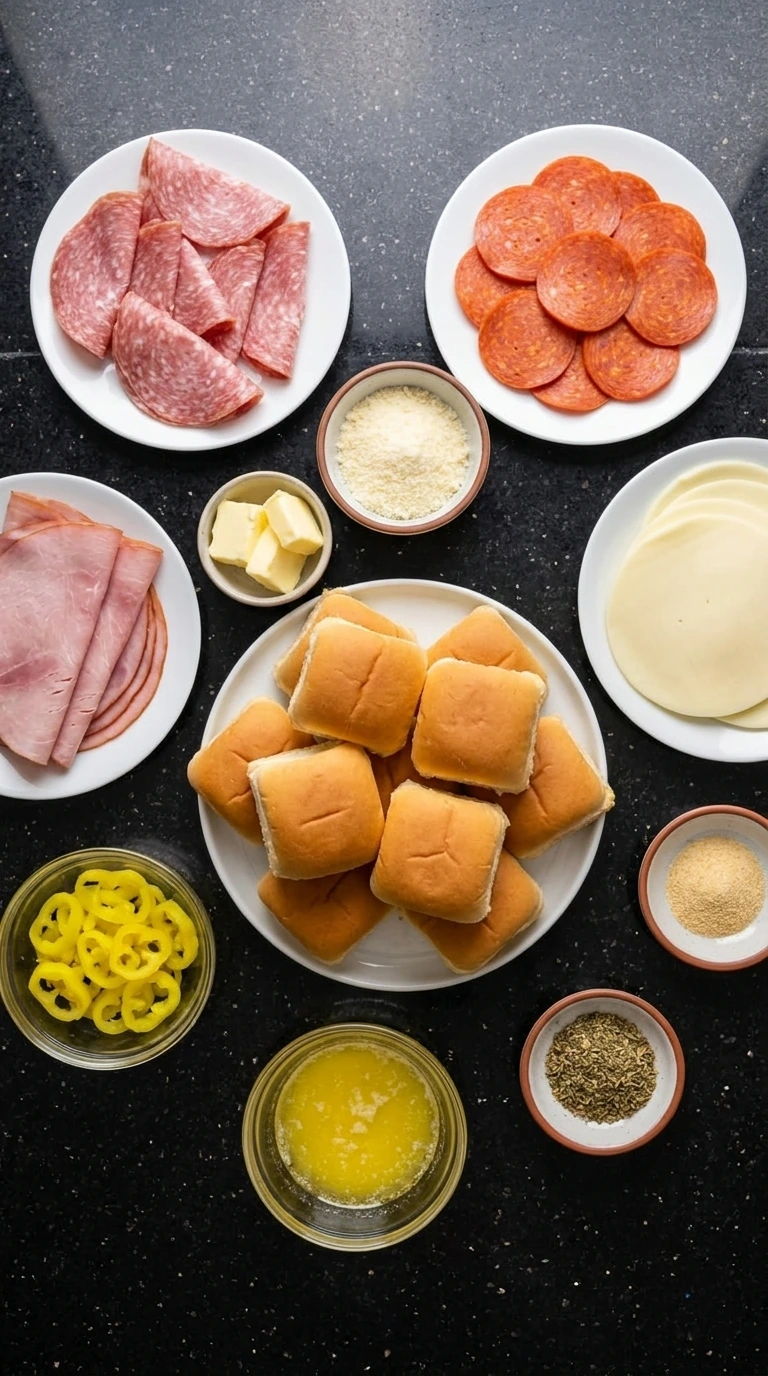 Ingredients for Hot Italian Sub Sliders in separate containers