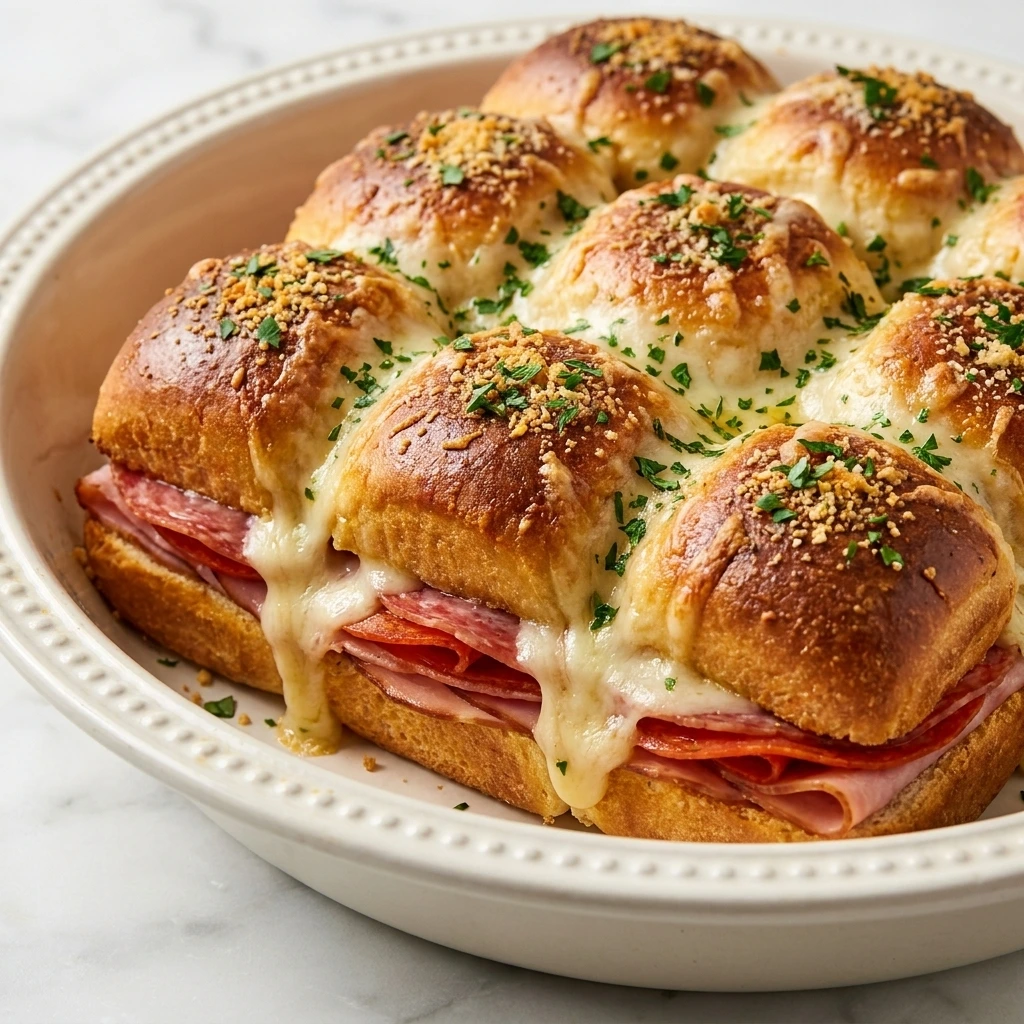 Hot Italian Sub Sliders baked with melted cheese and Italian meats