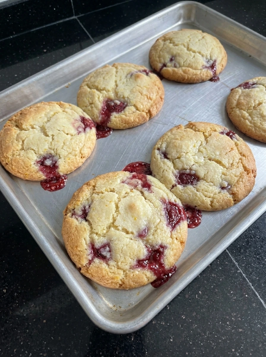 Fresh baked Lemon Raspberry Cookies cooling on tray.