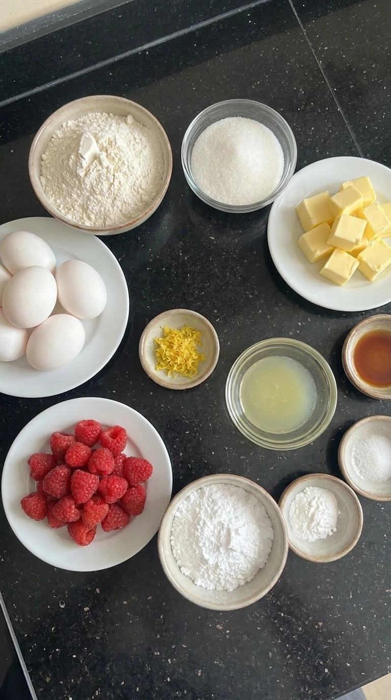 Ingredients for Lemon Raspberry Cookies arranged separately.