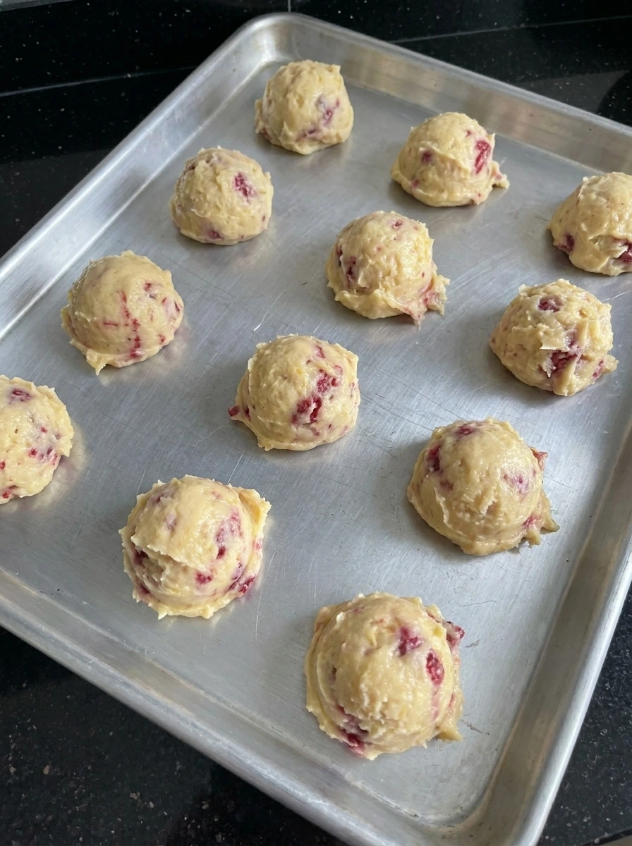 Cookie dough portions on baking tray with raspberry pieces.
