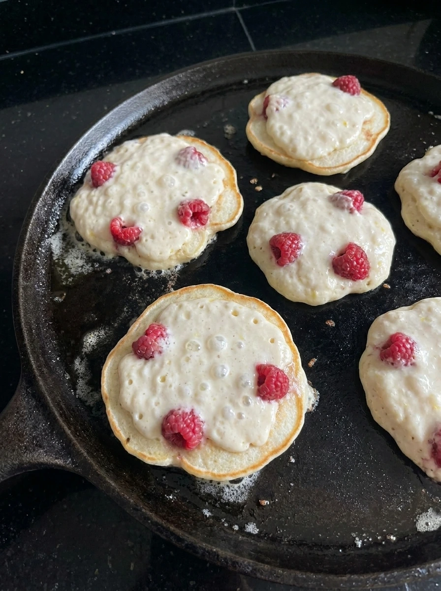 Pancakes cooking with bubbles and golden edges