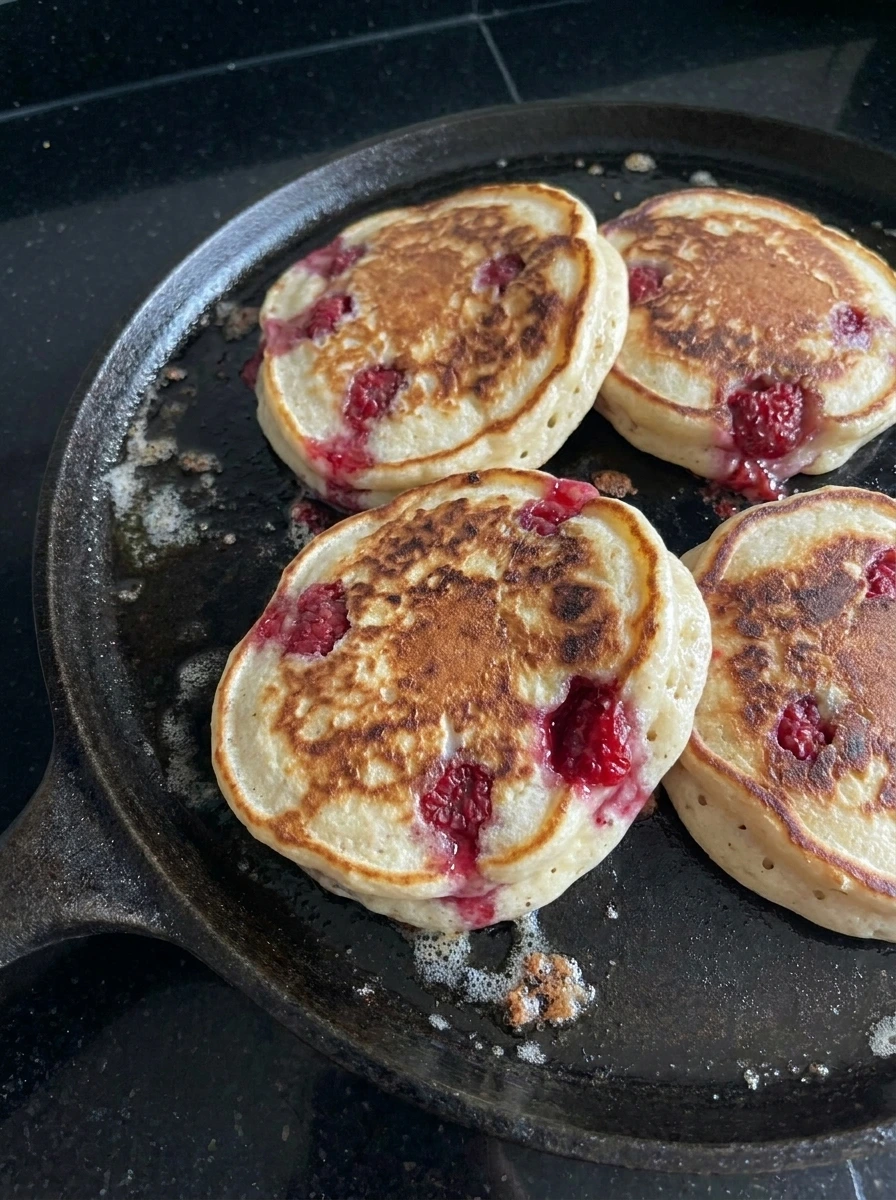 Golden Lemon Raspberry Ricotta Pancakes after flipping