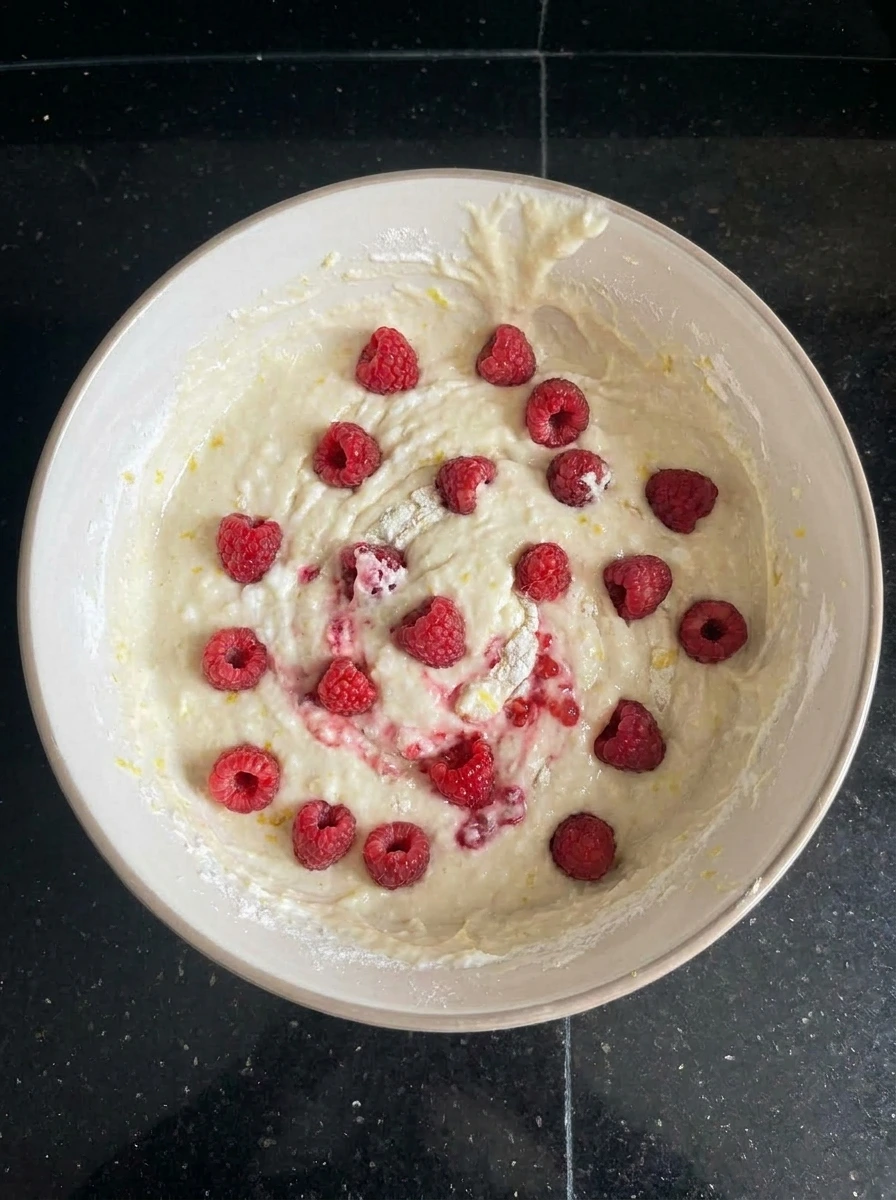 Raspberries folded into pancake batter