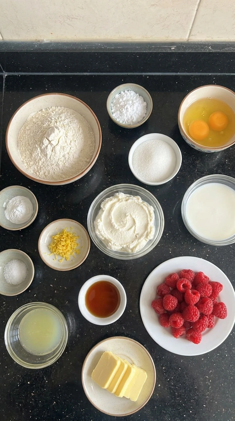 Ingredients for Lemon Raspberry Ricotta Pancakes in separate containers