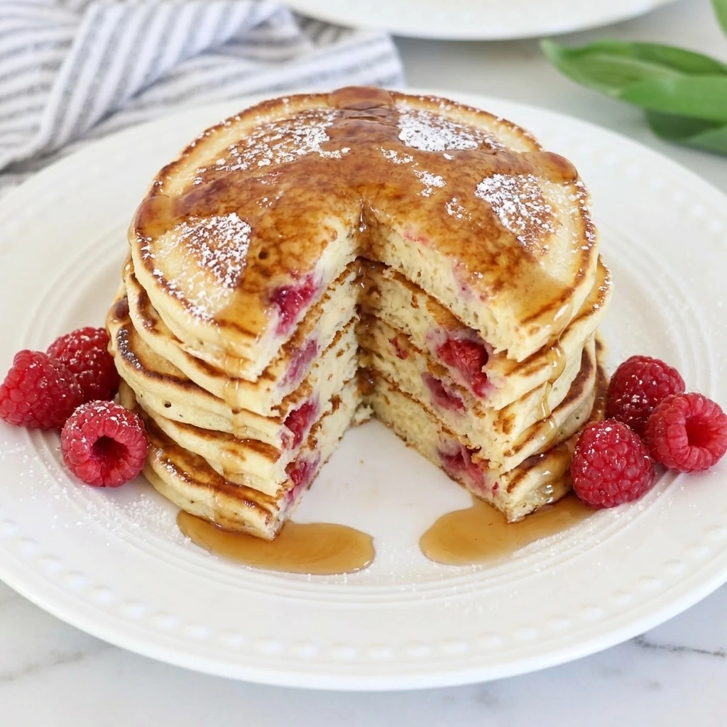 Served Lemon Raspberry Ricotta Pancakes with syrup