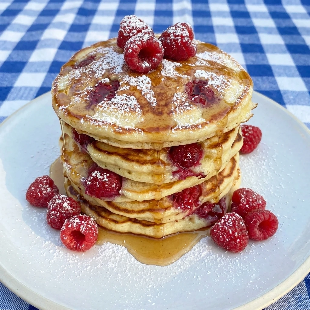 Stack of fluffy Lemon Raspberry Ricotta Pancakes with fresh raspberries and syrup