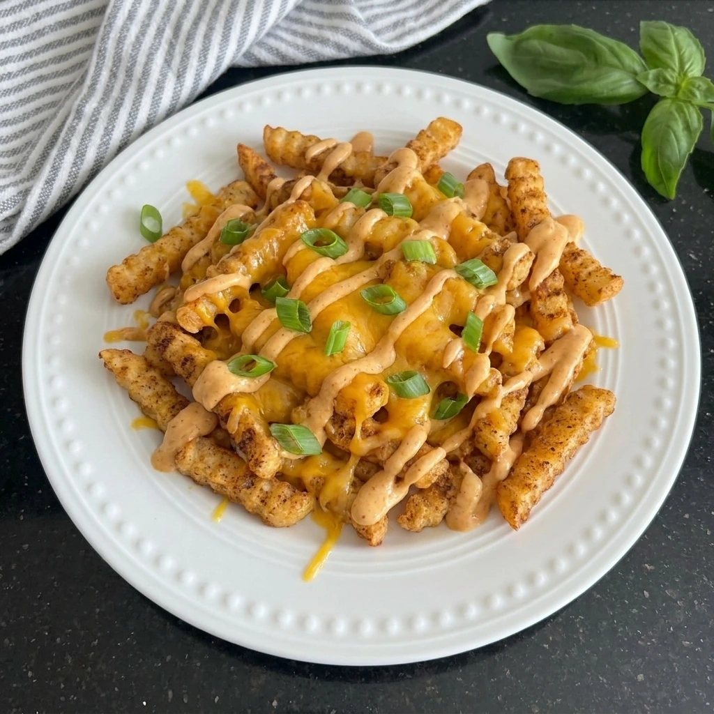 Finished Louisiana Voodoo Fries with sauce and cheese