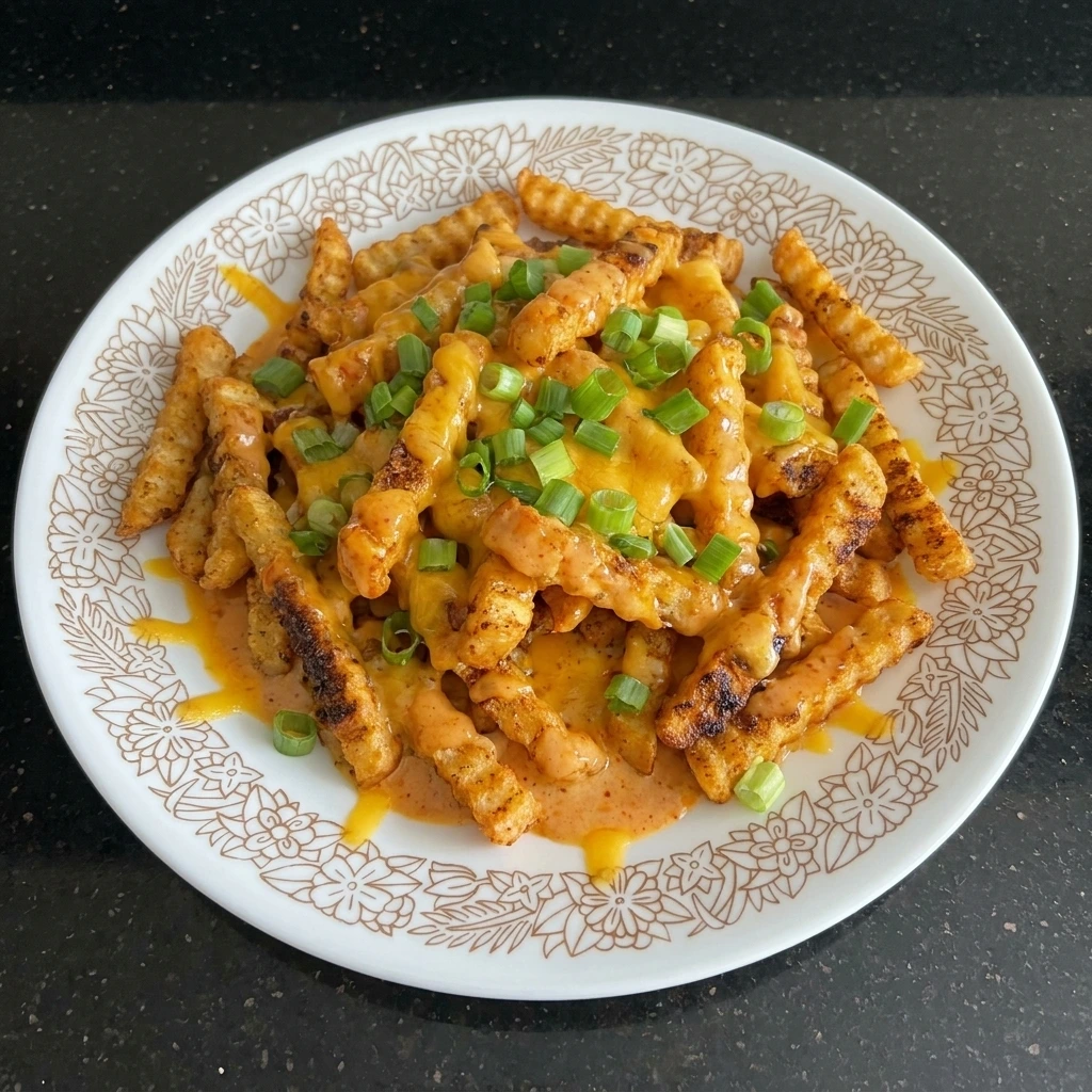 Louisiana Voodoo Fries topped with melted cheese and spicy sauce