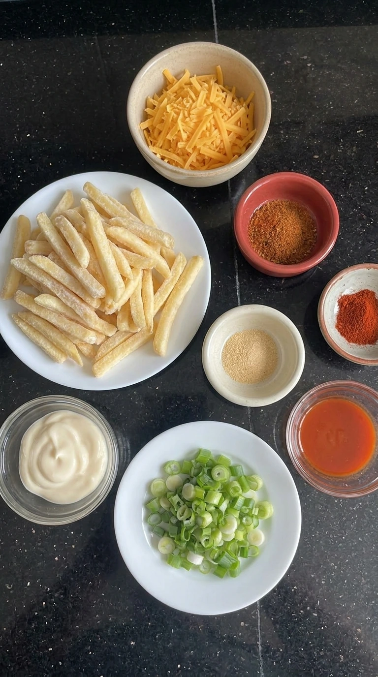 Ingredients for Louisiana Voodoo Fries in separate containers