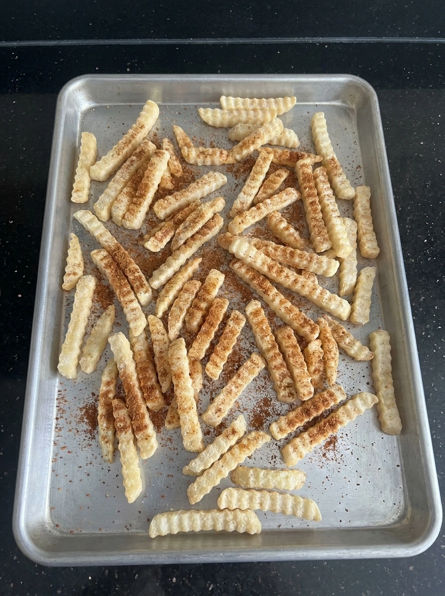 Frozen fries coated with Cajun seasoning