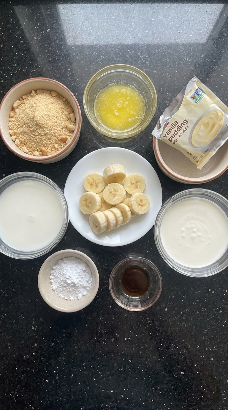 Ingredients for Mini Banana Cream Pies arranged in separate containers.