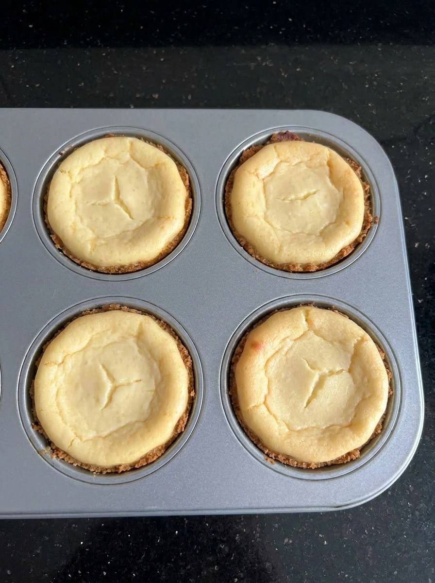 Baked mini cheesecakes with lightly golden tops.