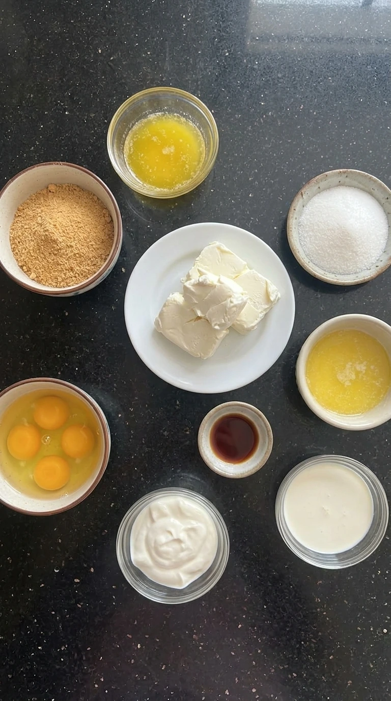 Ingredients for Mini Creme Brulee Cheesecakes in separate containers.
