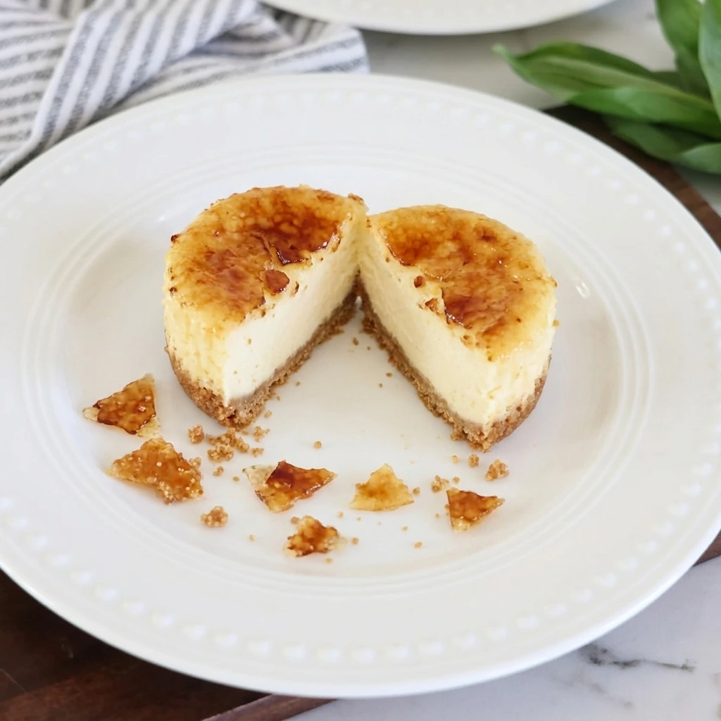 Served Mini Creme Brulee Cheesecake with creamy center.