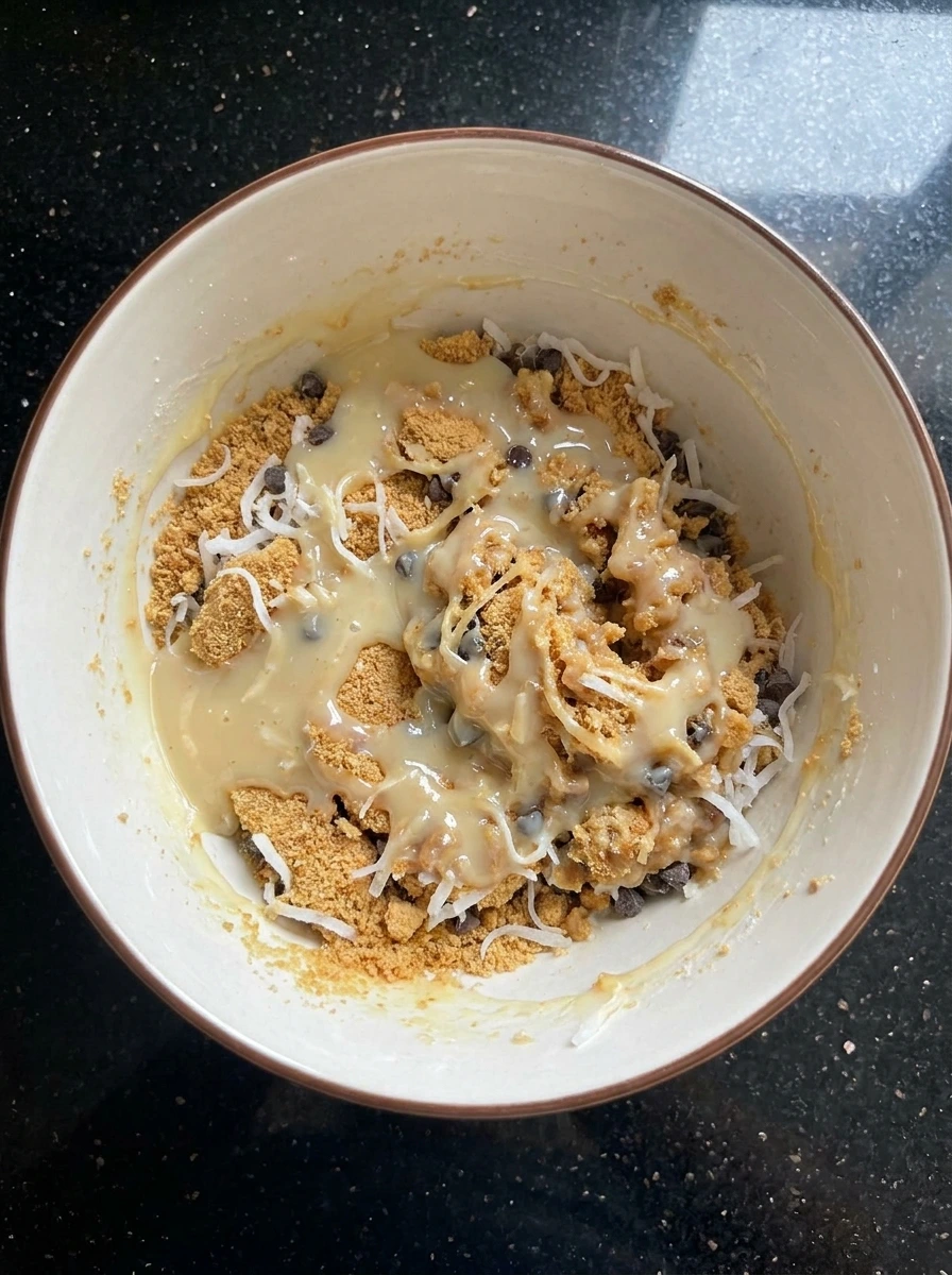 Creamy coconut dessert mixture with chocolate chips in bowl