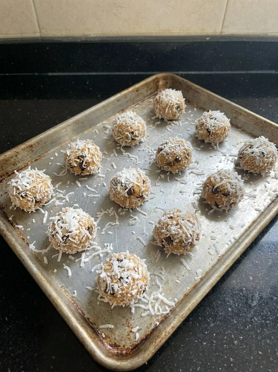 Rolled coconut dessert bites coated with shredded coconut