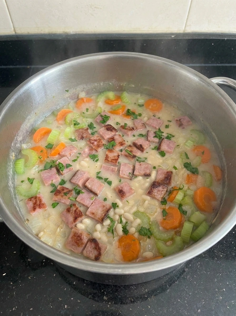 Finished Navy Bean Soup with Ham topped with parsley.