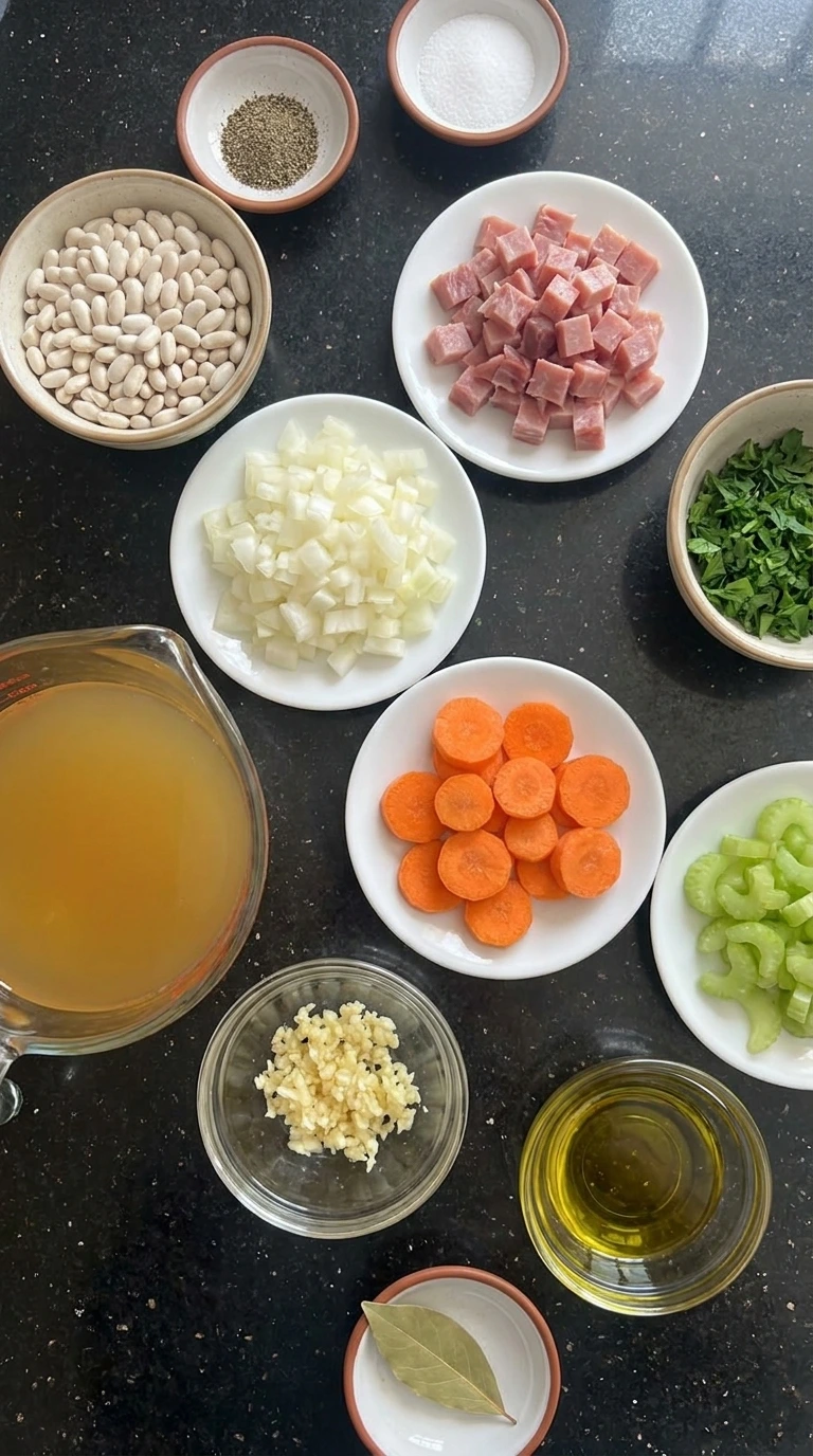 Ingredients for Navy Bean Soup with Ham arranged separately.