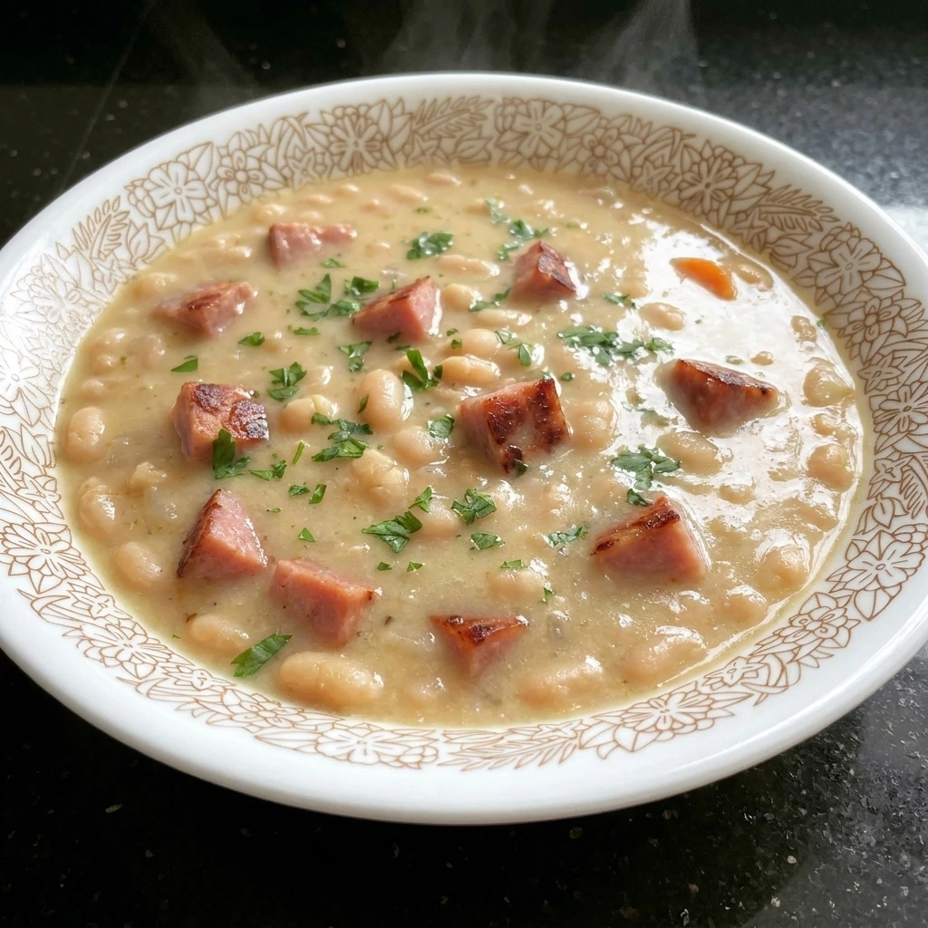 Single serving of Navy Bean Soup with Ham.