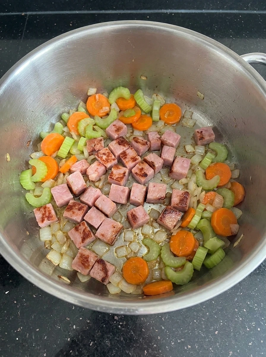 Ham and vegetables softening in a pot.