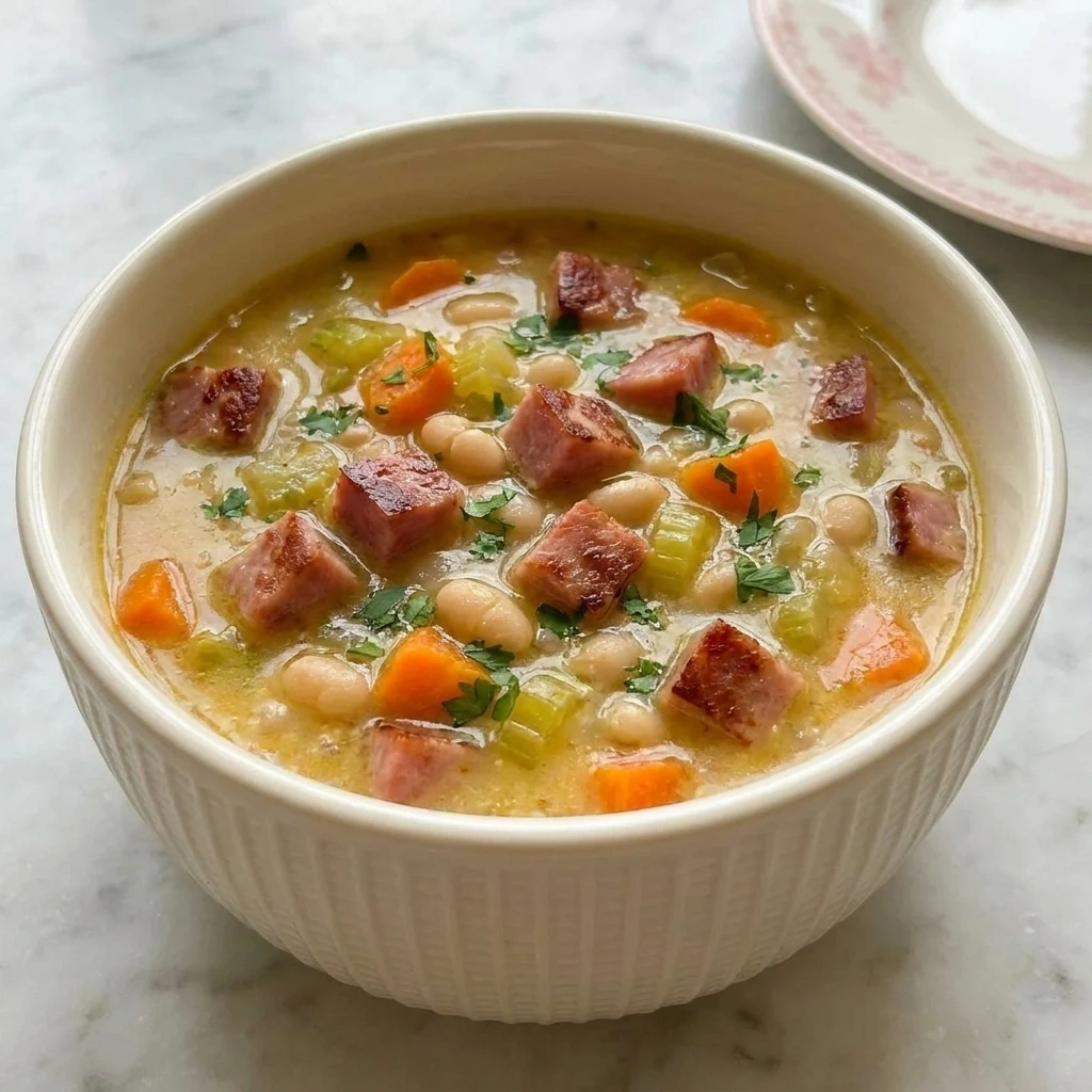 Creamy Navy Bean Soup with Ham in a rustic bowl.