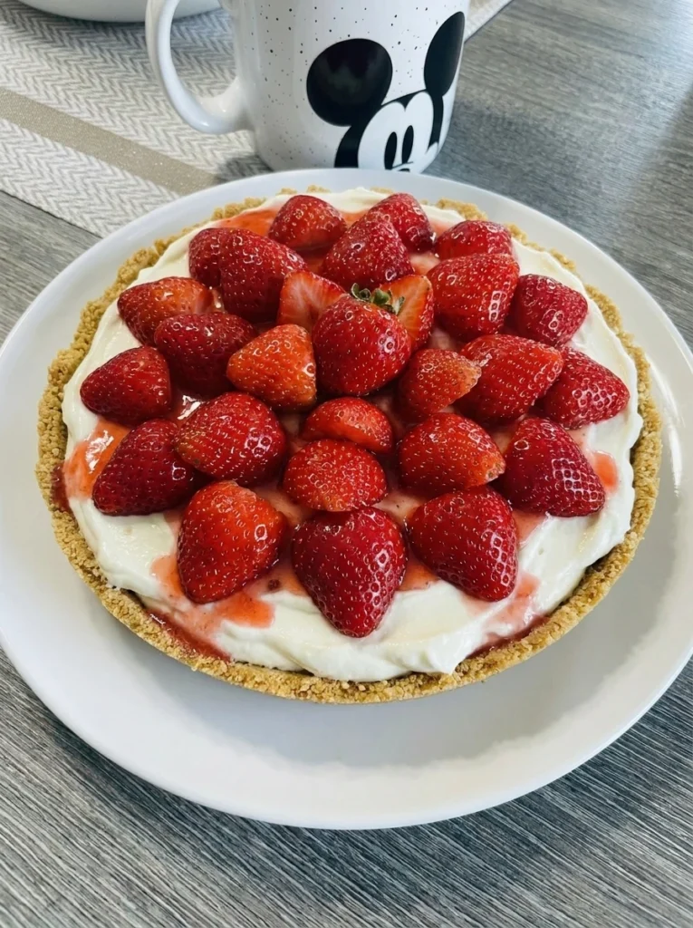 No bake strawberry cream pie slice with graham crust and fresh strawberries