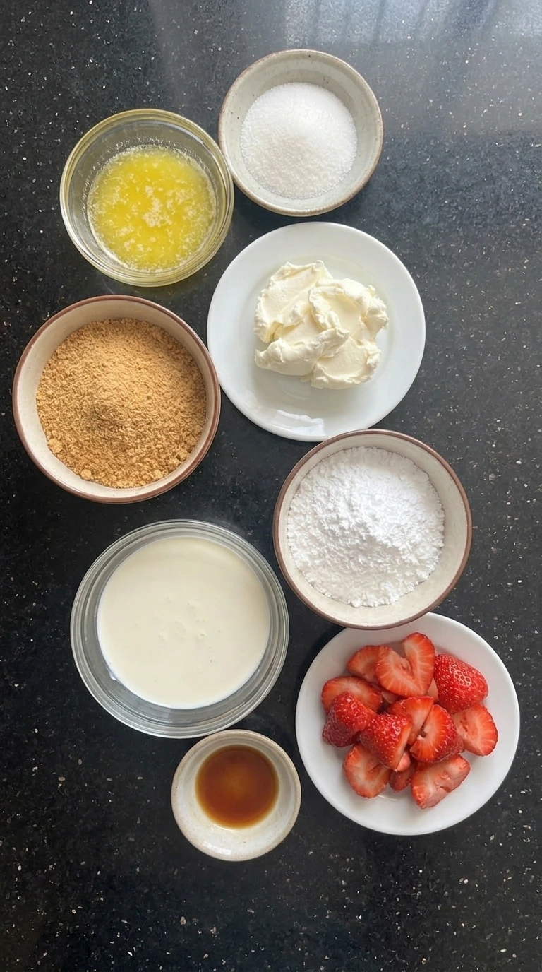 Ingredients for strawberry cream pie in separate bowls