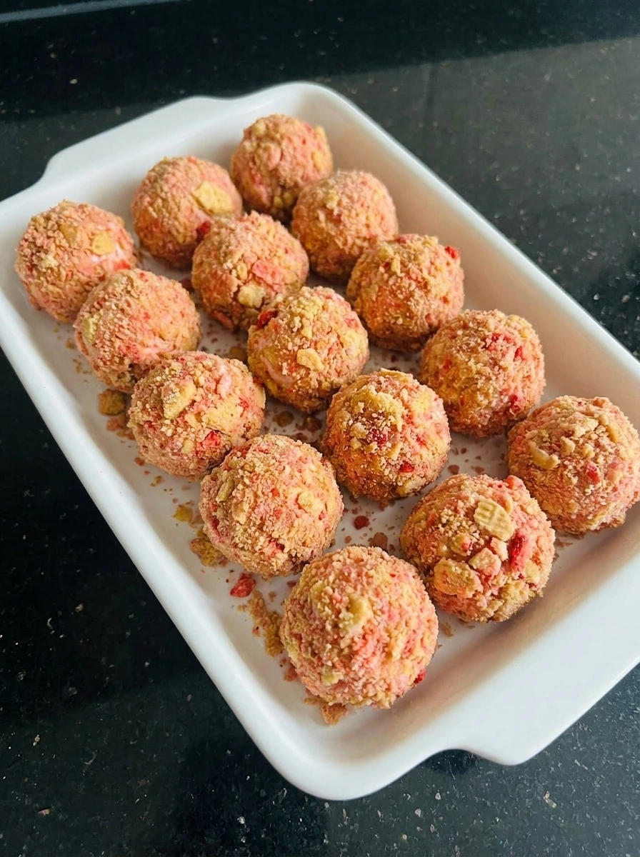 Cheesecake bites coated in strawberry crunch crumbs.