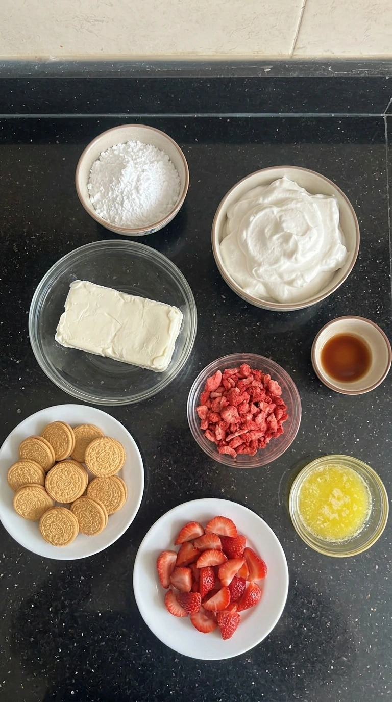 Ingredients for No Bake Strawberry Crunch Cheesecake Bites in separate containers.