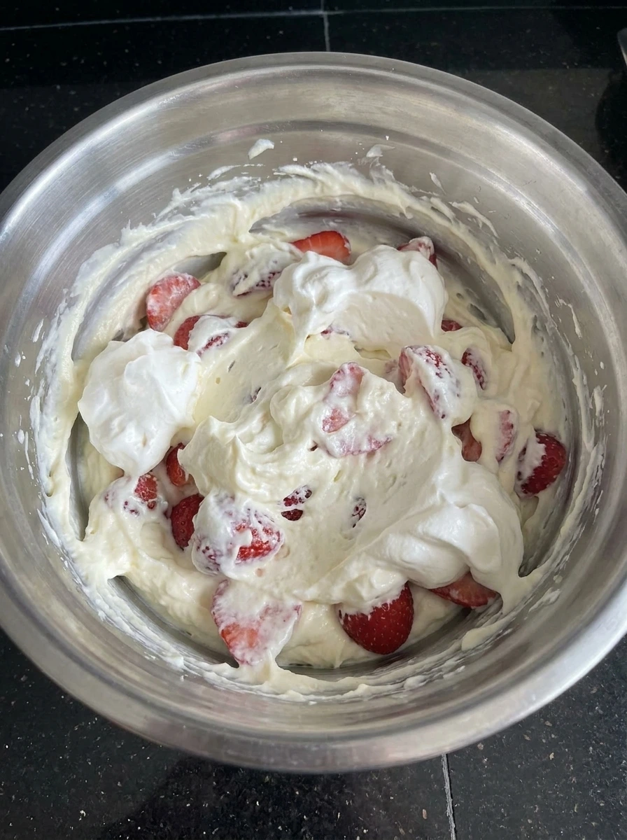 Creamy strawberry cheesecake filling mixed in a bowl.