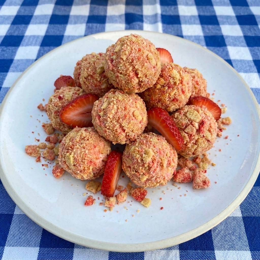 Finished No Bake Strawberry Crunch Cheesecake Bites served on a plate.