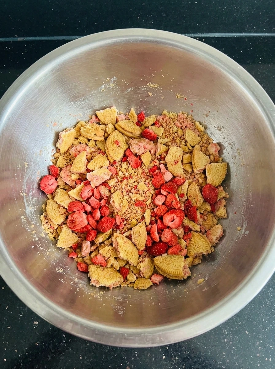 Strawberry cookie crunch coating in a bowl.