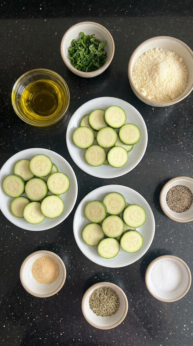 Ingredients for Parmesan Baked Zucchini in separate containers