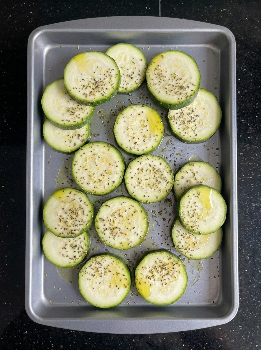 Seasoned zucchini rounds on baking tray
