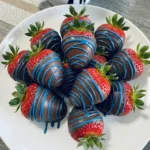 Patriotic Chocolate Covered Strawberries with Drizzle on plate