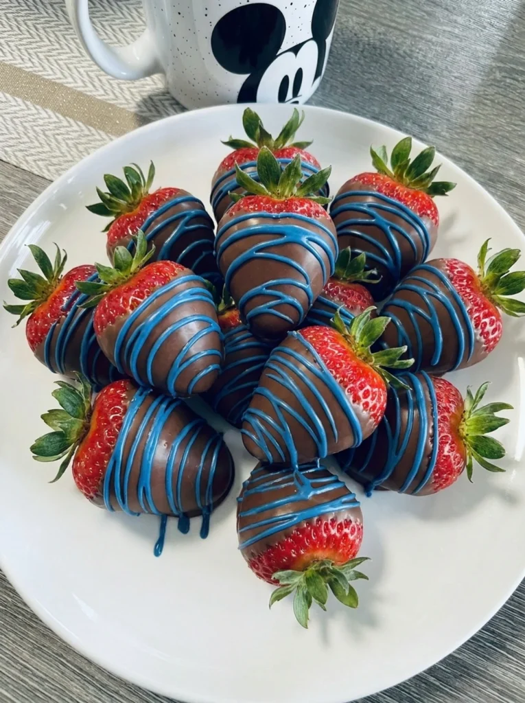 Patriotic Chocolate Covered Strawberries with Drizzle on plate