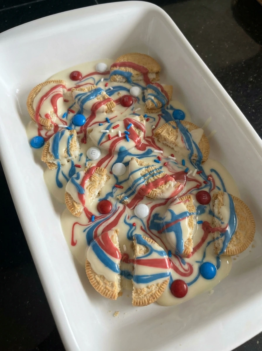 Candy toppings on patriotic cookie bark