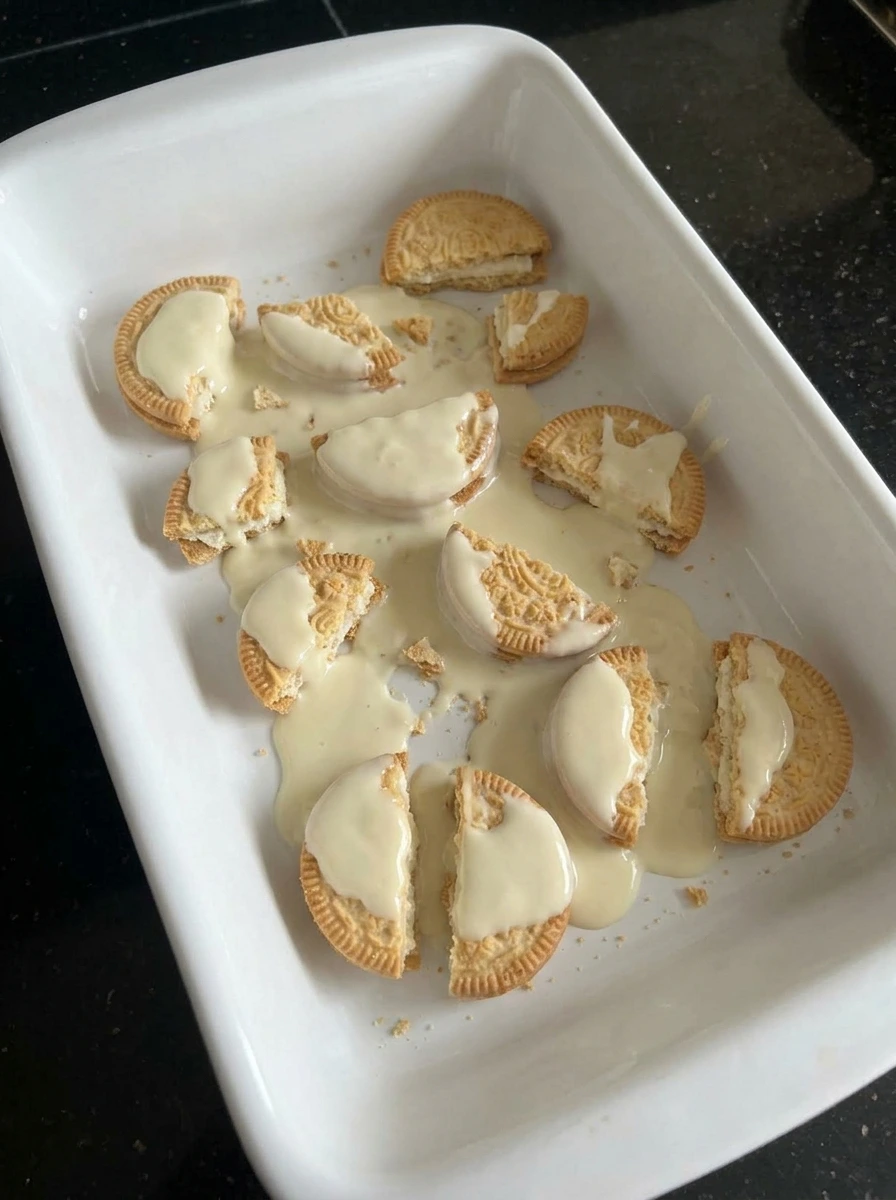 White chocolate poured over cookies for bark