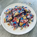 Patriotic Red White and Blue Cookie Bark with cookies and candy pieces